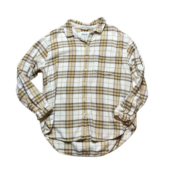 AMERICAN EAGLE Button Down Flannel Shirt Yellow Brown Plaid Size Medium - Picture 2 of 8